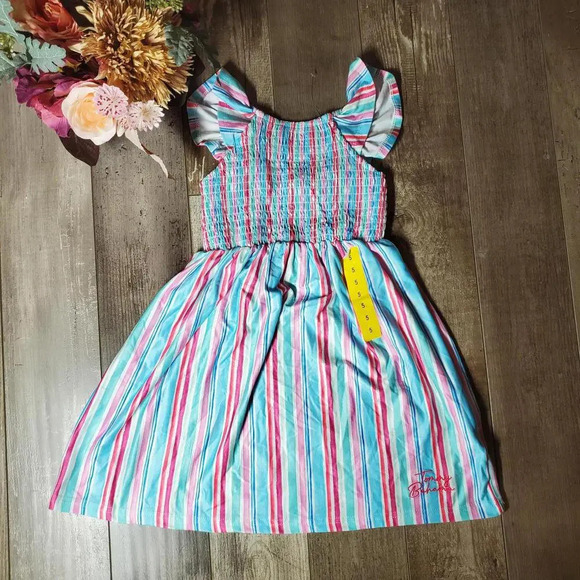 NWT Tommy Bahama Striped Sleeveless Girl Summer Dress Size 5 Blue Pink - Picture 1 of 13